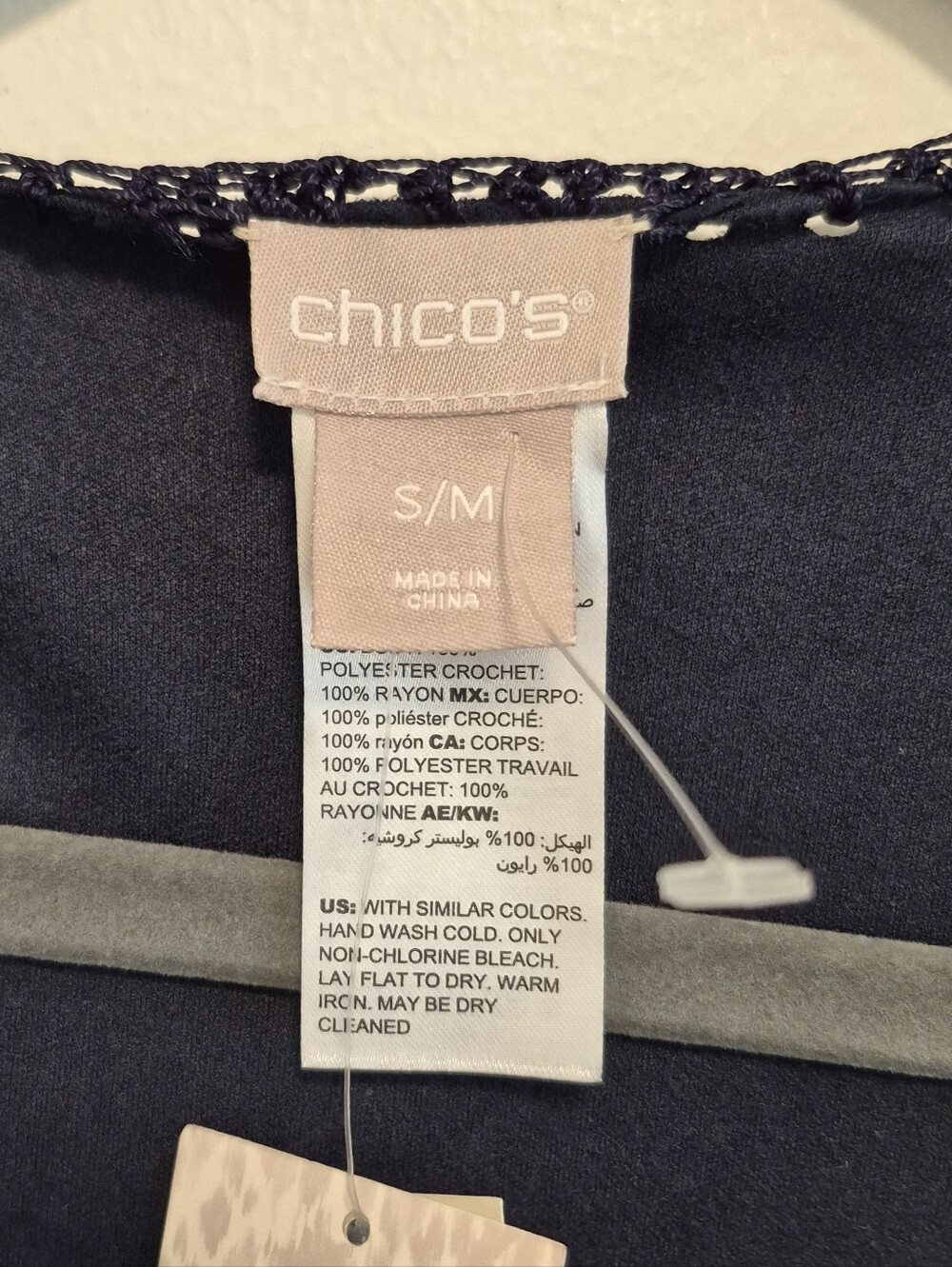 Chico's Ruana Wrap Faux Suede Navy Blue Cover Up Jacket Crochet Size S/M - Picture 11 of 13